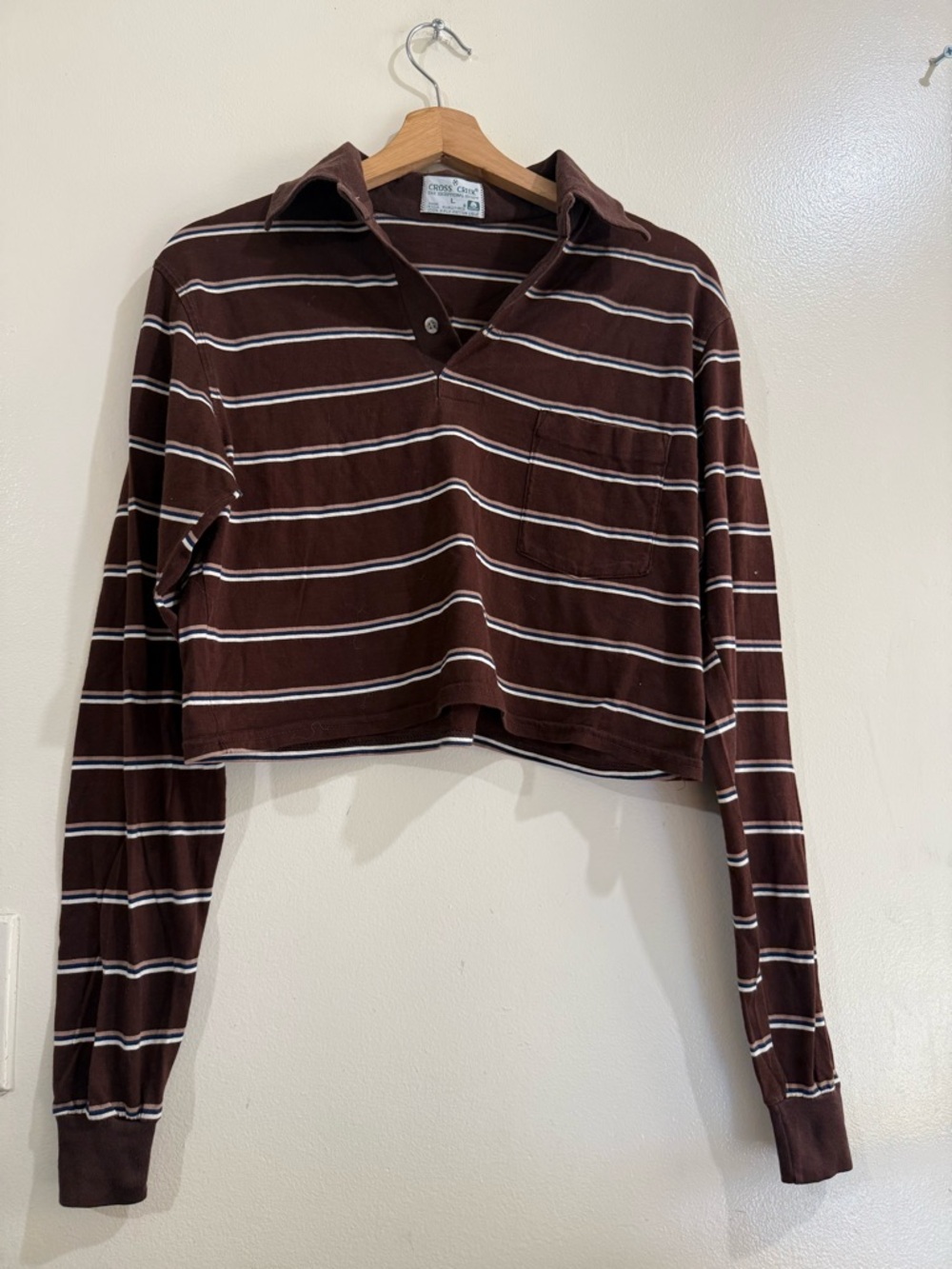 CROSS CREEK Cropped Striped Polo Blouse in Brown with Chest Pocket